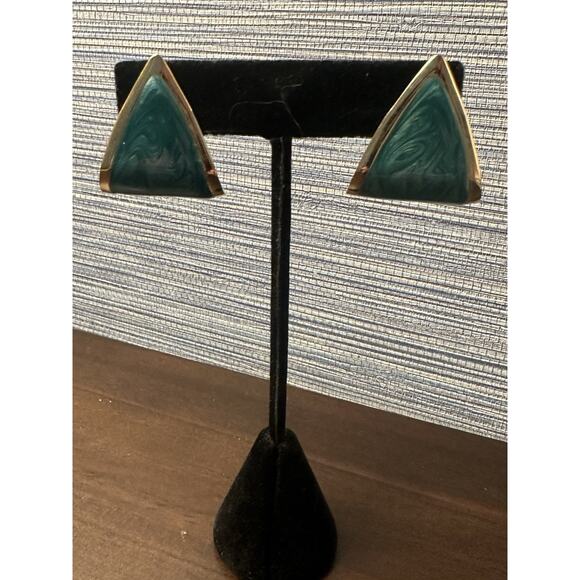 Vintage Dangle Earrings Gold Aqua Enamel Geometric Chunky USA Made NOS 1980s - Picture 1 of 4